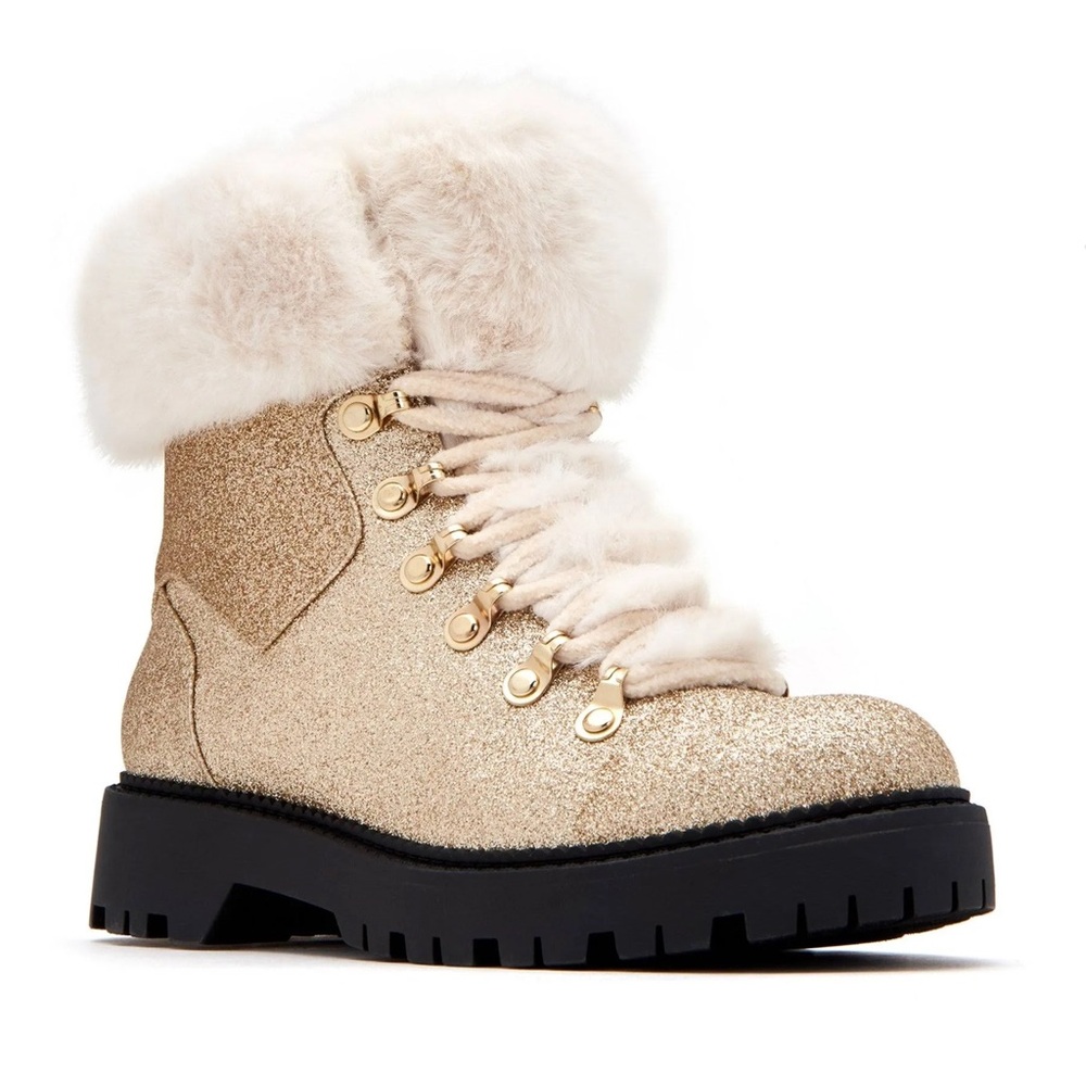 NEW Katy Perry Glitter Lace-Up Boots “The Henry” Lug Sole Faux Fur Winter Boots